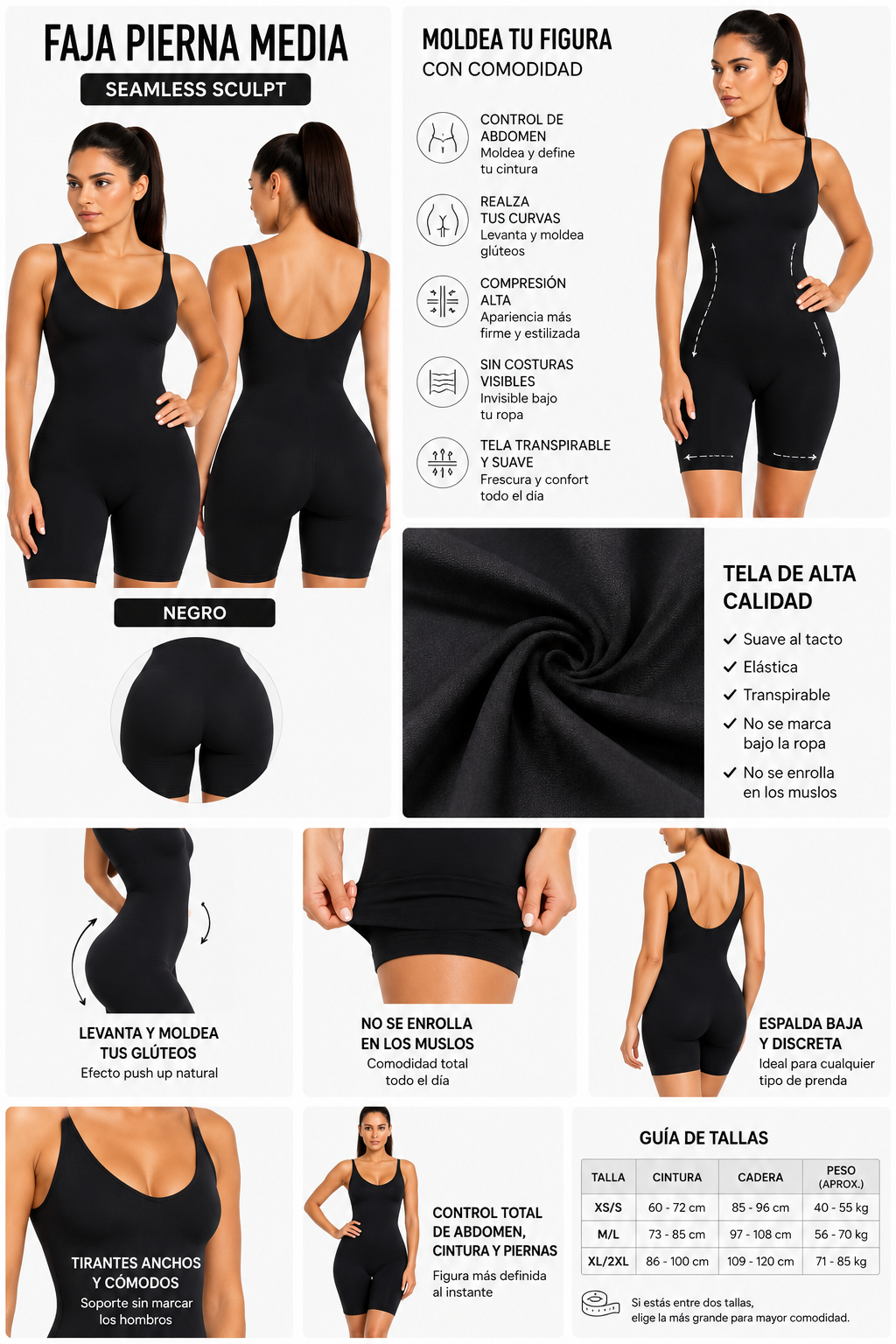 Body Moldeador Pierna Media Negro – Alta Compresión