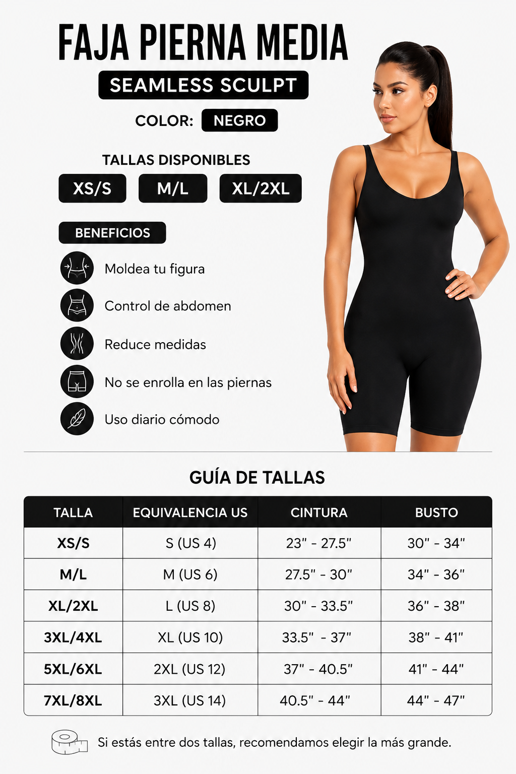 Body Moldeador Pierna Media Negro – Alta Compresión